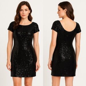White House Black Market Black Sequin Open Back Holiday Party Dress Size M
